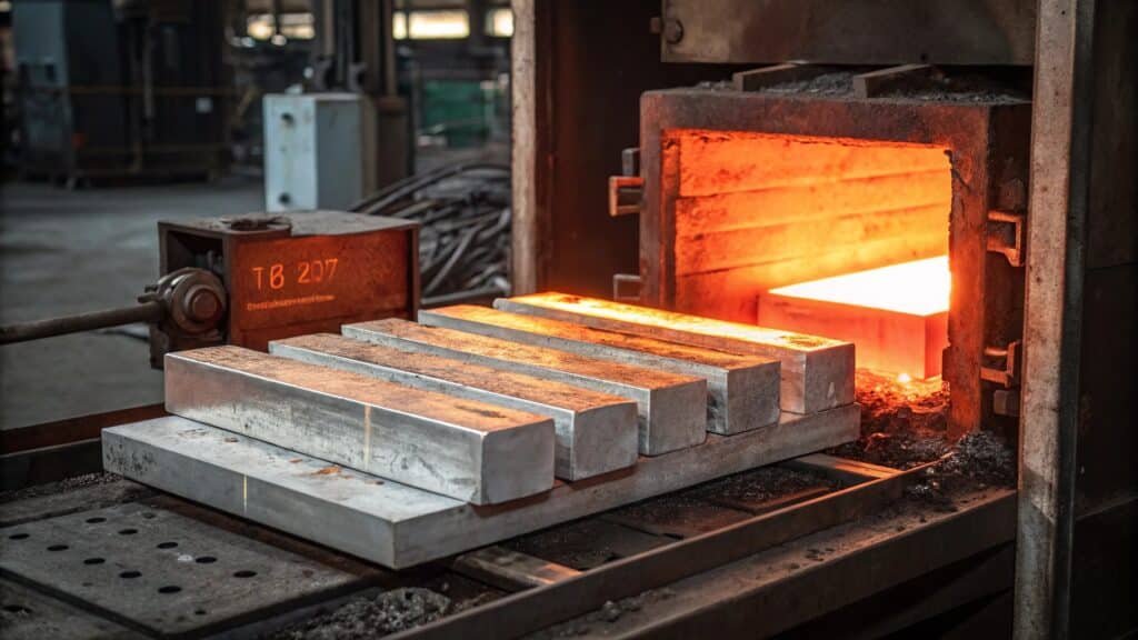 alt with keywords: a 6061 aluminum part glowing orange in a heat treatment furnace, with T6 temper graph